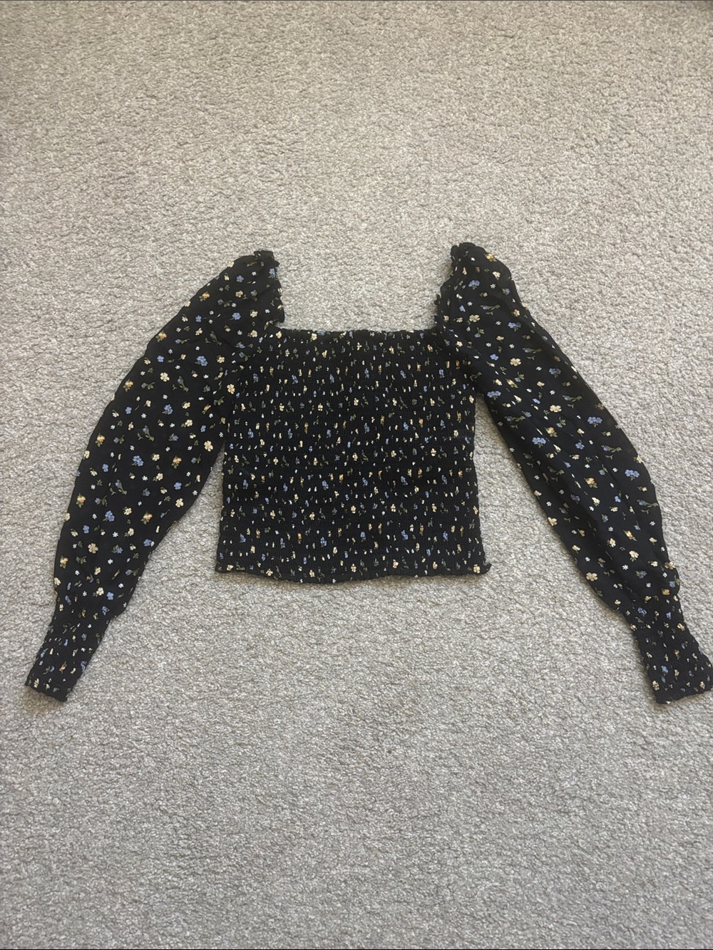 Reformation Black Floral Smocked Square-Neck Crop Top Size small